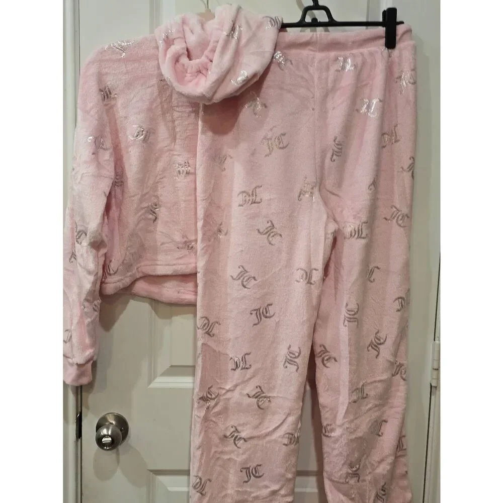 Juicy Couture 2-PC Silver Foil Logo Velour Hoodie &‎ Pant PJ Set